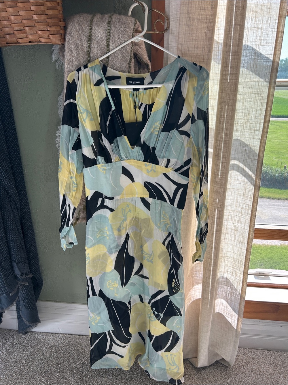 The Kooples Yellow, Light Blue & Black Floral Midi Dress